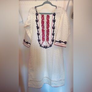 Embroidered Cream Dress with Red and Black Accents